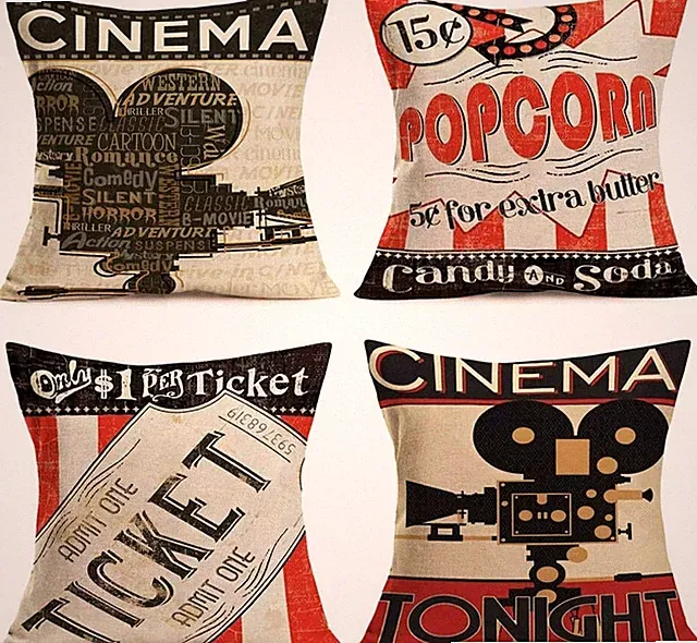 4 Movie Theater Pillow Covers Cotton Linen Vintage Cinema Background 18"x18