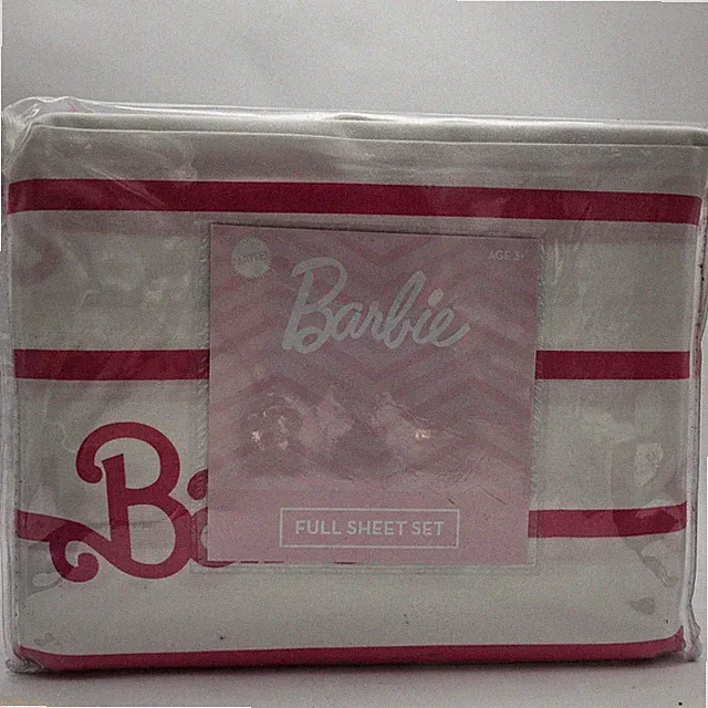 Barbie Movie Full Size Sheet Set 100% Cotton Pink White Stripes Striped New