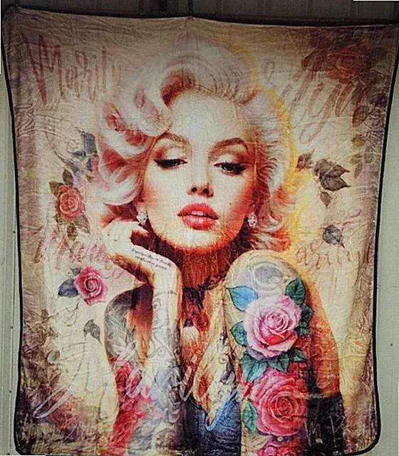 MARILYN MONROE ROSES FLOWERS TATTOO MOVIE STAR QUEEN SIZE BLANKET BEDSPREAD