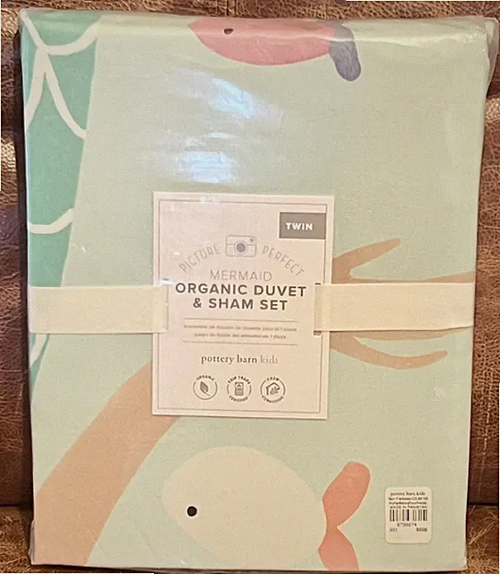 NEW Pottery Barn Kids Picture Perfect Mermaid Twin Duvet Cover & Sham Set, Aqua