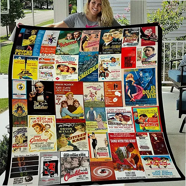 Vintage Cinema Theme Flannel Blanket Movie Lover Gift